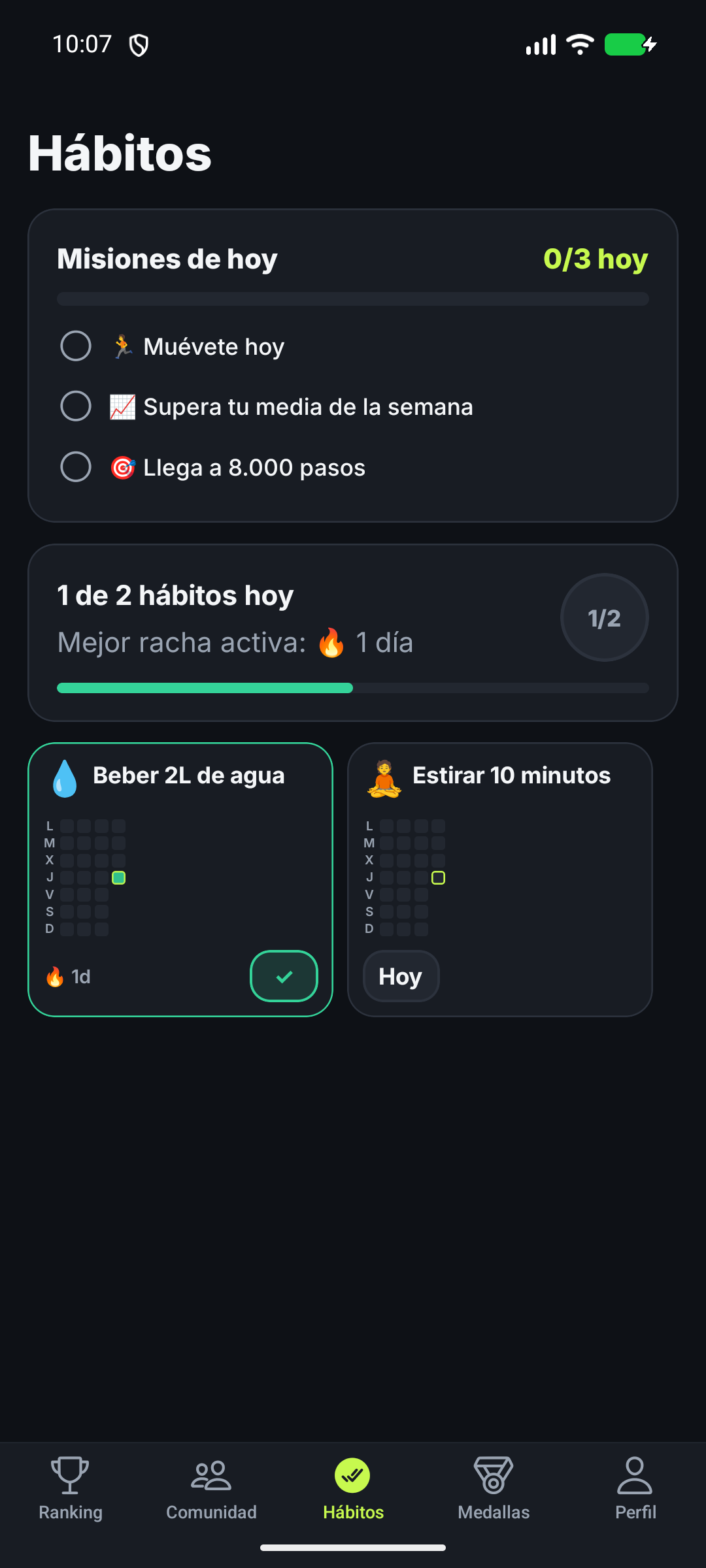 Pantalla de hábitos de la app Reta