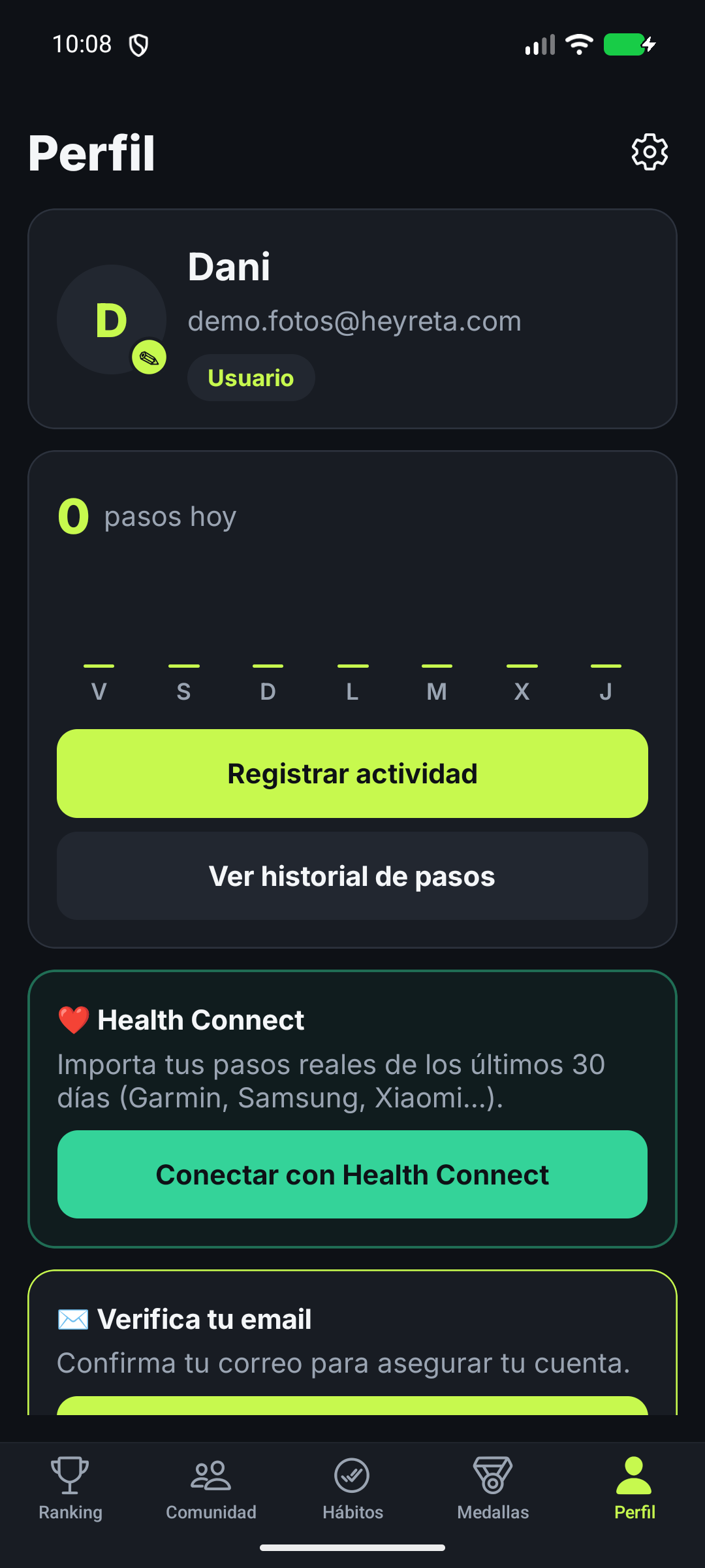 Pantalla de perfil de usuario en Reta