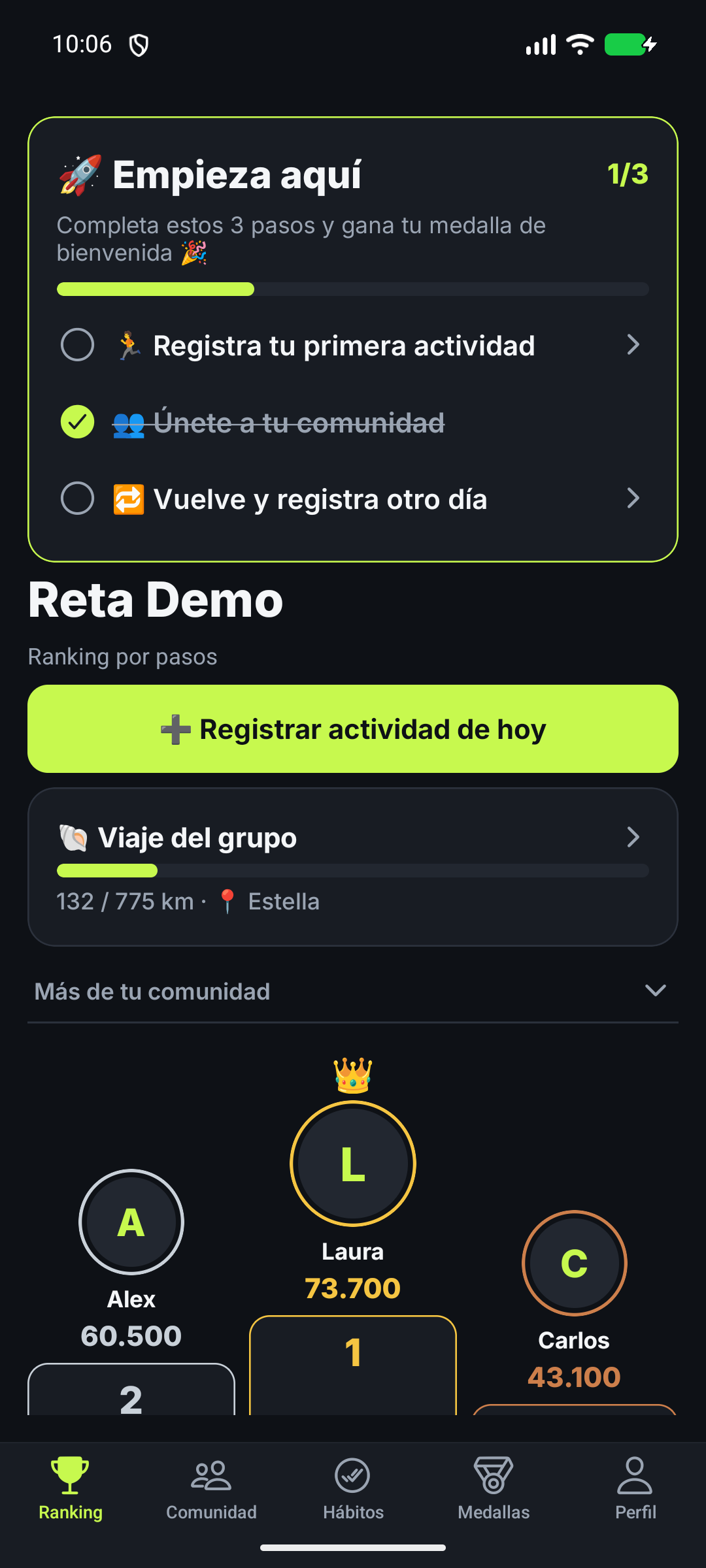 Pantalla del ranking diario en la app Reta con todos los competidores