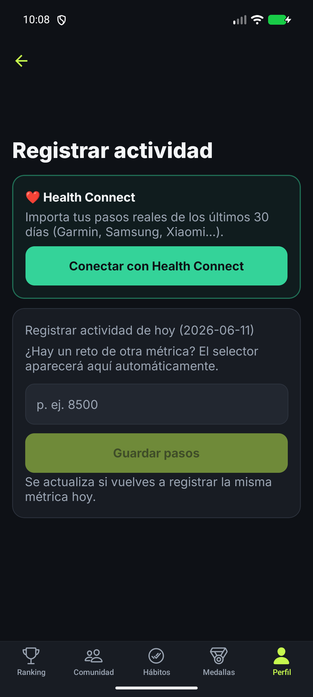 Pantalla para registrar actividad manualmente en Reta