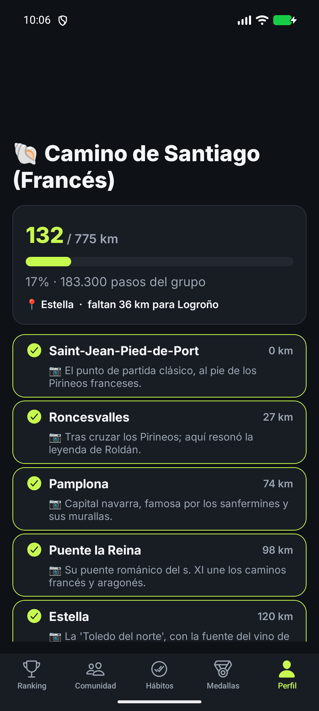 Pantalla del viaje virtual del grupo en la app Reta